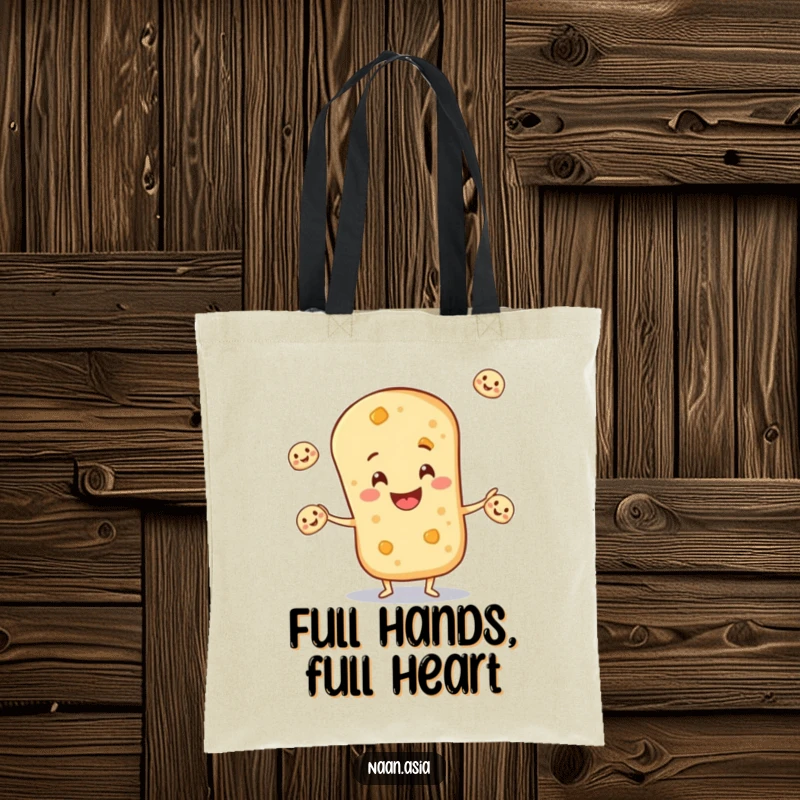 Funny Naan Bread Tote Bag featuring a delighted naan character effortlessly juggling miniature naan breads, promoting smiles and laughter.