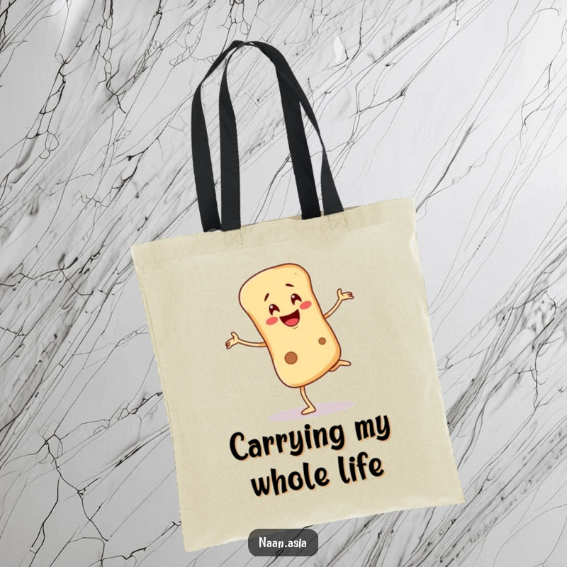 Funny Naan bread character tote bag, balancing precariously on one leg with a wobbling smile, great for carrying essentials.