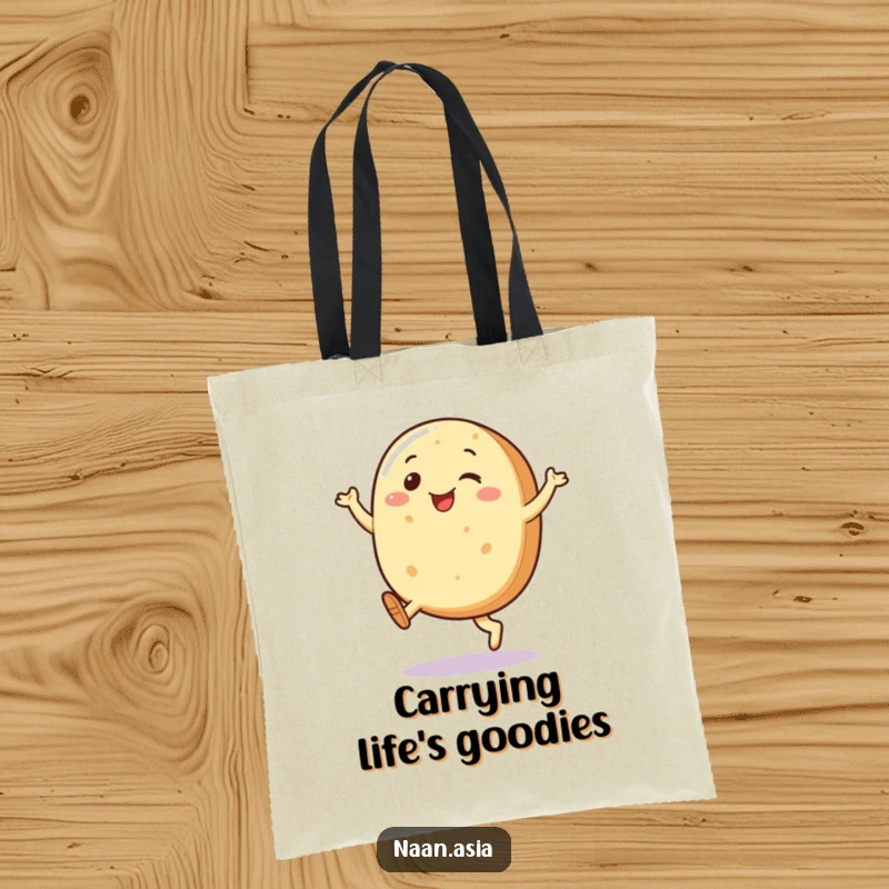 Funny Naan bread character tote bag, legs kicking joyfully, capturing a moment of pure, energetic happiness for everyday use.