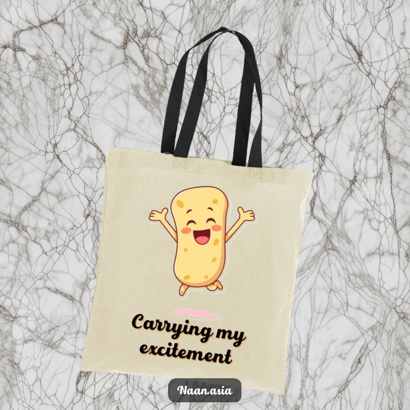 Funny Naan Bread Tote Bag showing a naan character in a joyful, leaping pose with arms spread wide, full of excitement.