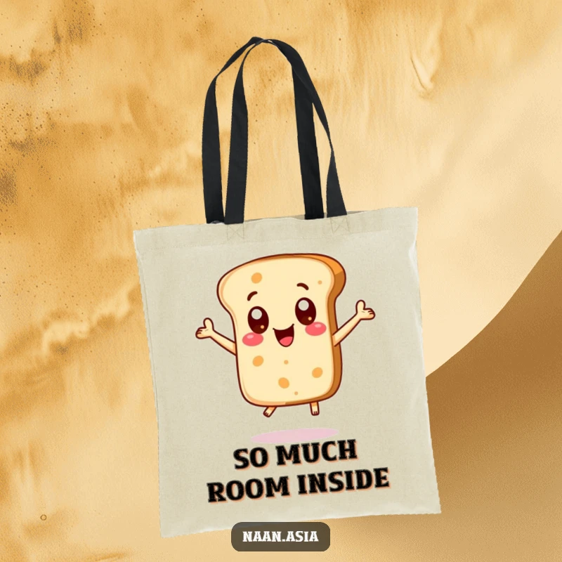 Funny Naan bread character tote bag, prominent excited dot eyes, jumping with pure delight, great for carrying essentials.