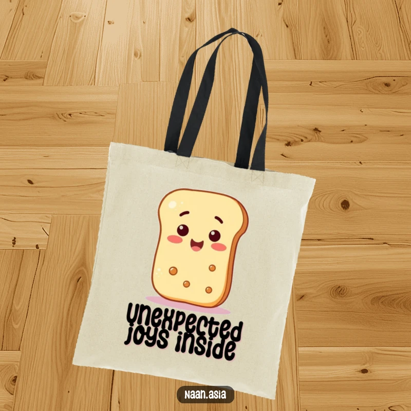 Funny Naan Bread Tote Bag showing a naan character reacting with surprise to a floating smiley face, a charming and humorous image.