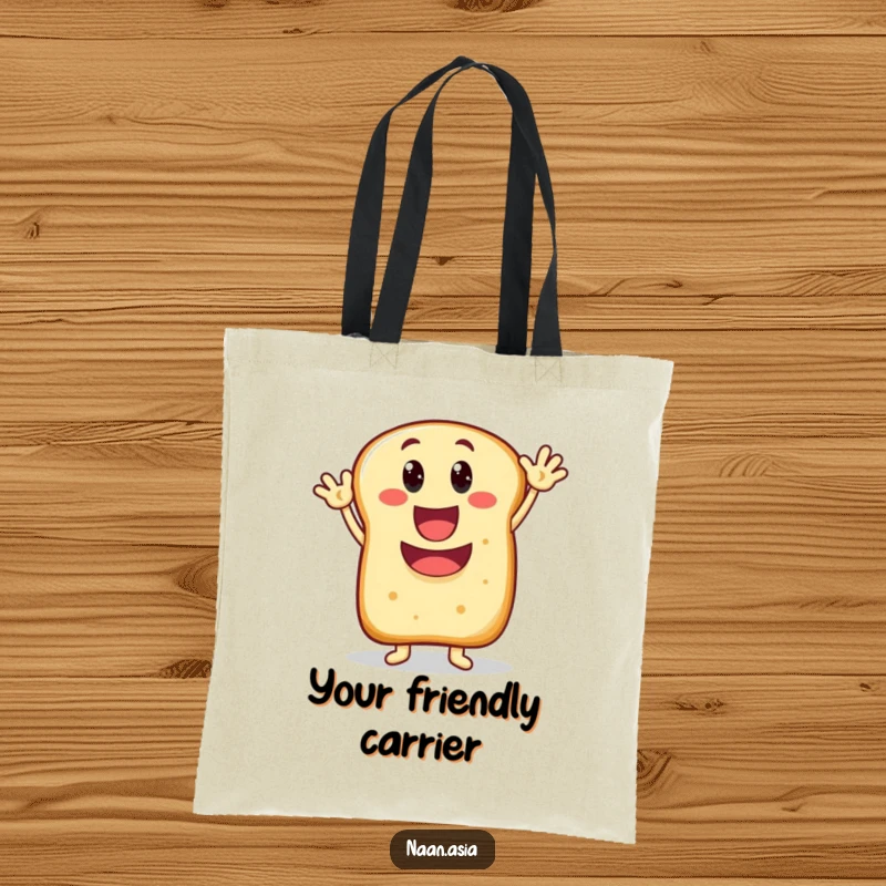 Funny Naan bread character tote bag, wide happy mouth, enthusiastically waving, perfect for carrying joy and essentials.